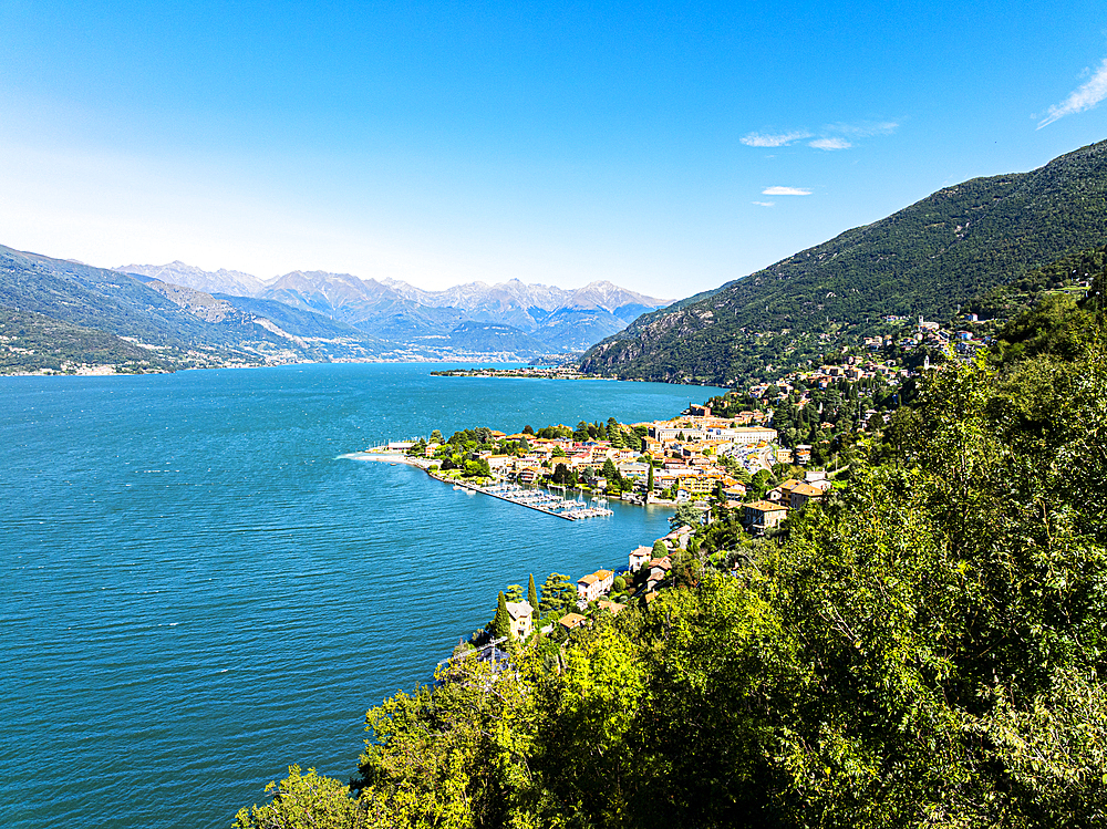 Aerial view of the village of Bellagio and small harbor, Lake Como, Lombardy, Italy