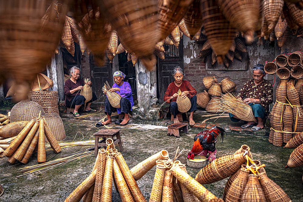 Women creating traditional bamboo fish traps, Hanoi, Vietnam. (MR)