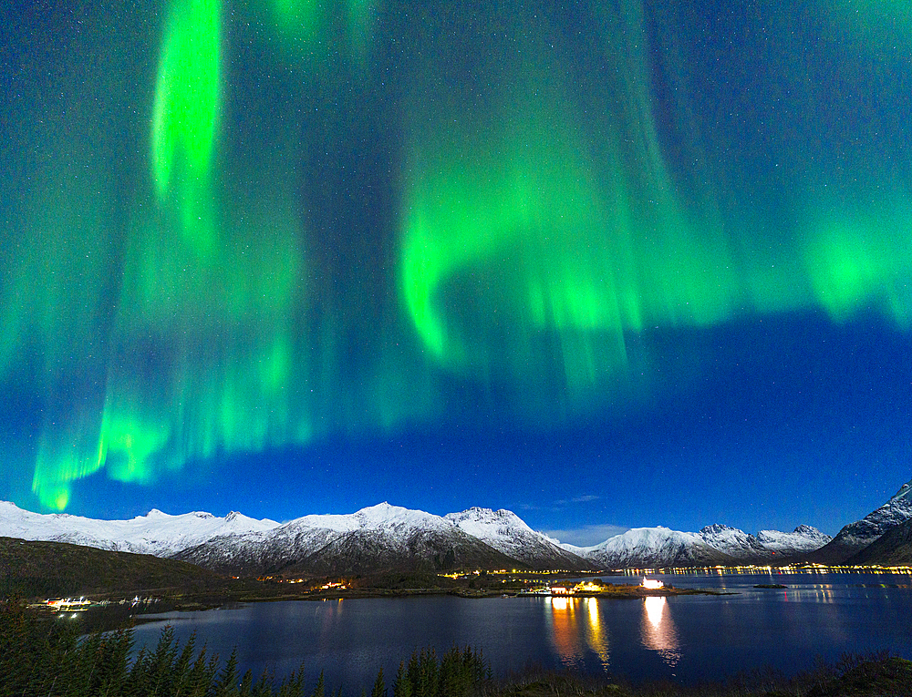 Sildpollnes village reflected in Austnesfjorden during the Northern Lights, Vagan, Lofoten Islands, Norway