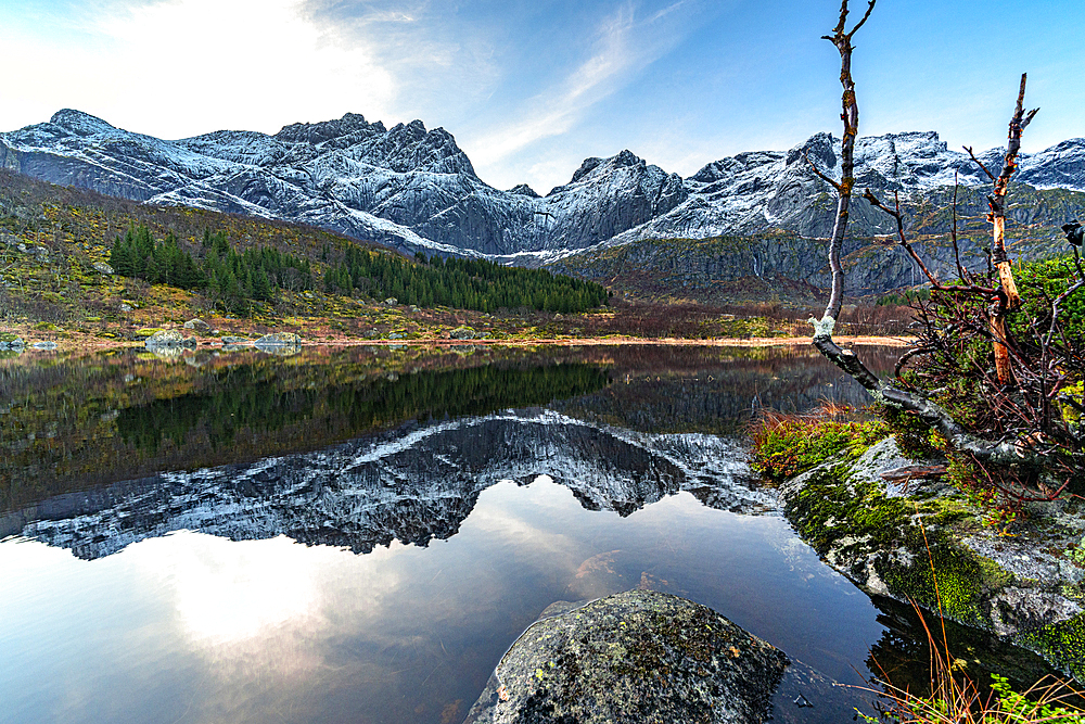 Mountains reflected in a lake, Nusfjord, Flakstad, Lofoten Islands, Norway