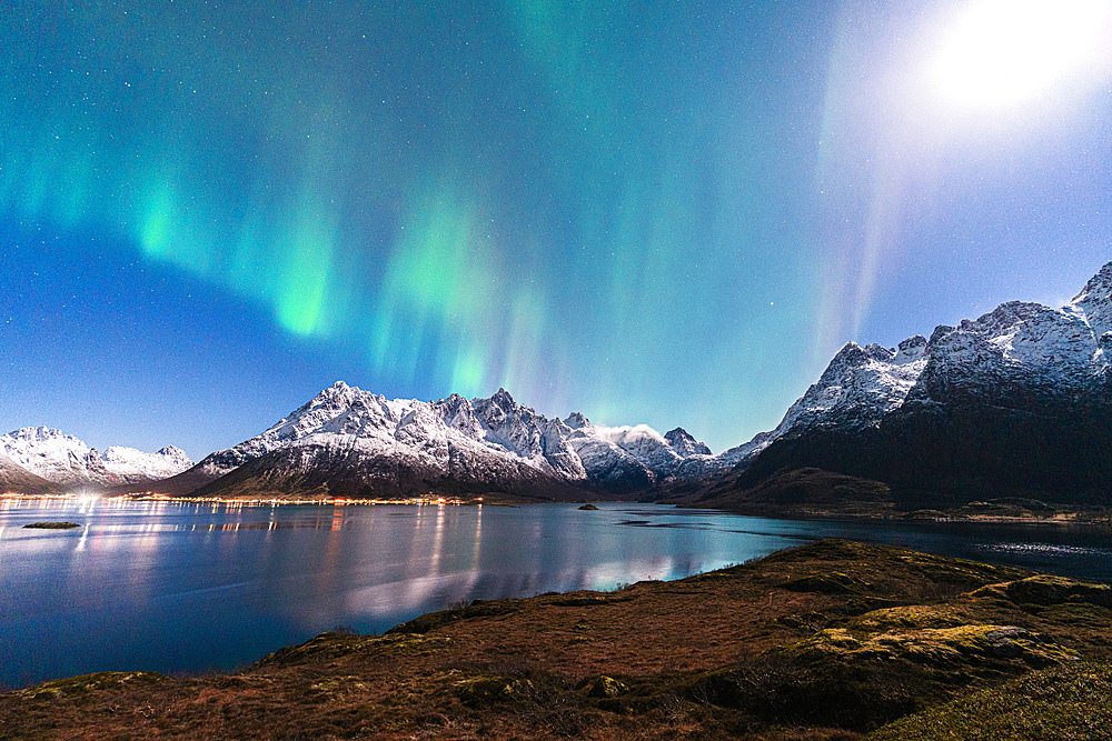 Moonlight in the Northern Lights sky, Sildpollnes, Austnesfjorden, Vagan, Lofoten Islands, Norway