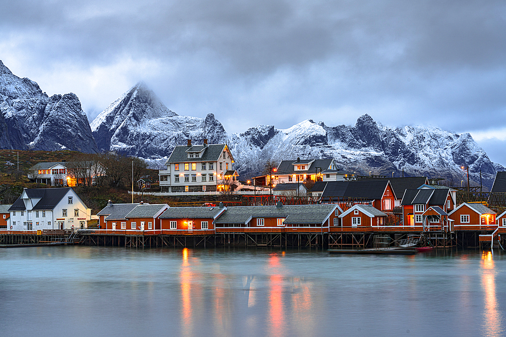 Traditional red cabins in Sakrisoy, Lofoten Islands, Norway