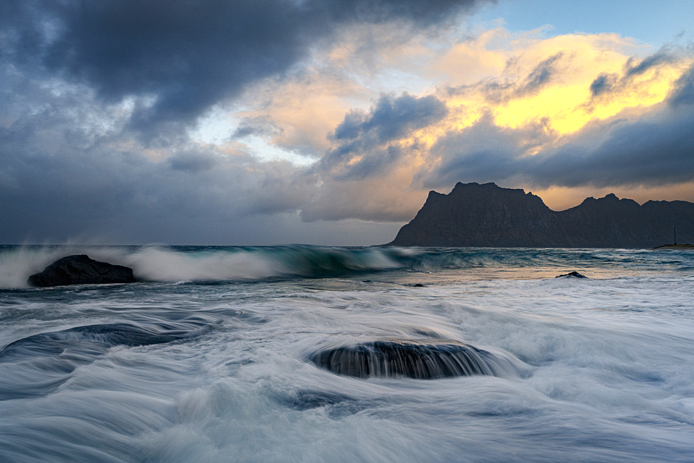 Waves of the rough sea, Uttakleiv, Leknes, Lofoten Islands, Norway