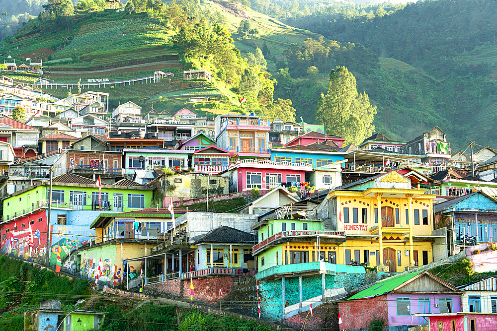 Multicolored houses of Butuh village also known as Nepal Van Java on mountain hillside, Magelang, Central Java, Indonesia