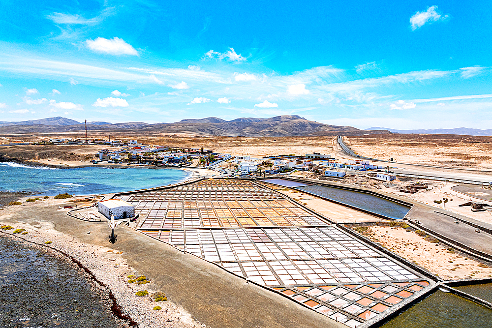 Aerial view of Las Salinas del Carmen salt flats, Fuerteventura, Canary Islands, Spain