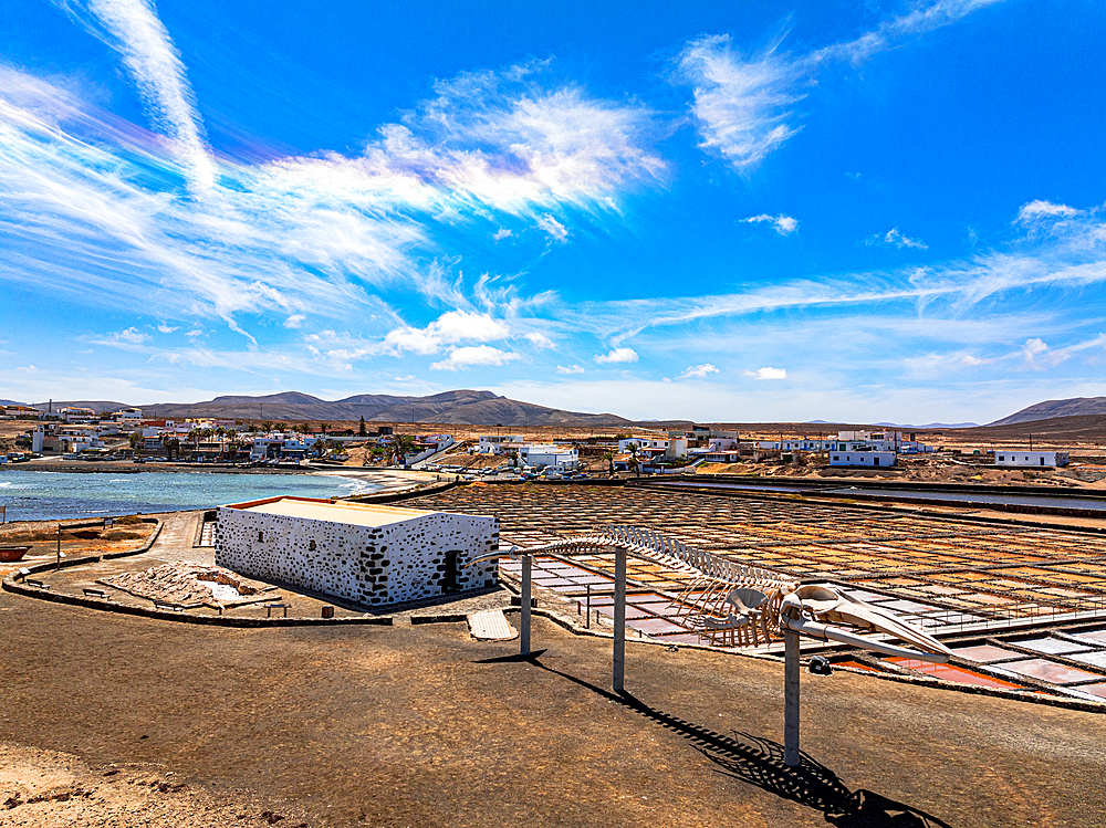 Salt flats and traditional village, aerial view, Las Salinas del Carmen, Fuerteventura, Canary Islands, Spain