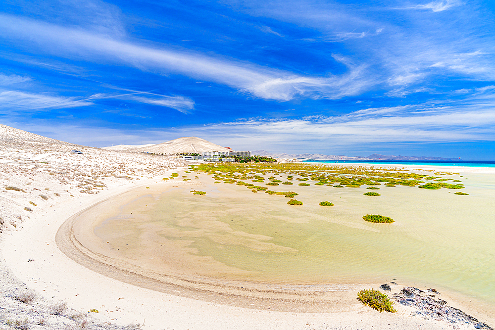 Luxury tourist resort overlooking an idyllic lagoon, Sotavento beach, Jandia, Fuerteventura, Canary Islands, Spain