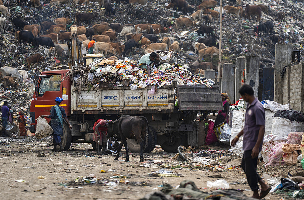 Ragpickers collect reusable items from a garbage truck at a garbage dumping site on May 27, 2025 in Guwahati, India.