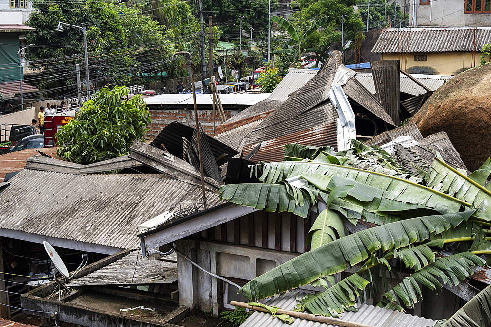 Damaged houses after a major landslide, triggered by a heavy downpour, on June 7, 2025 in Guwahati, India.