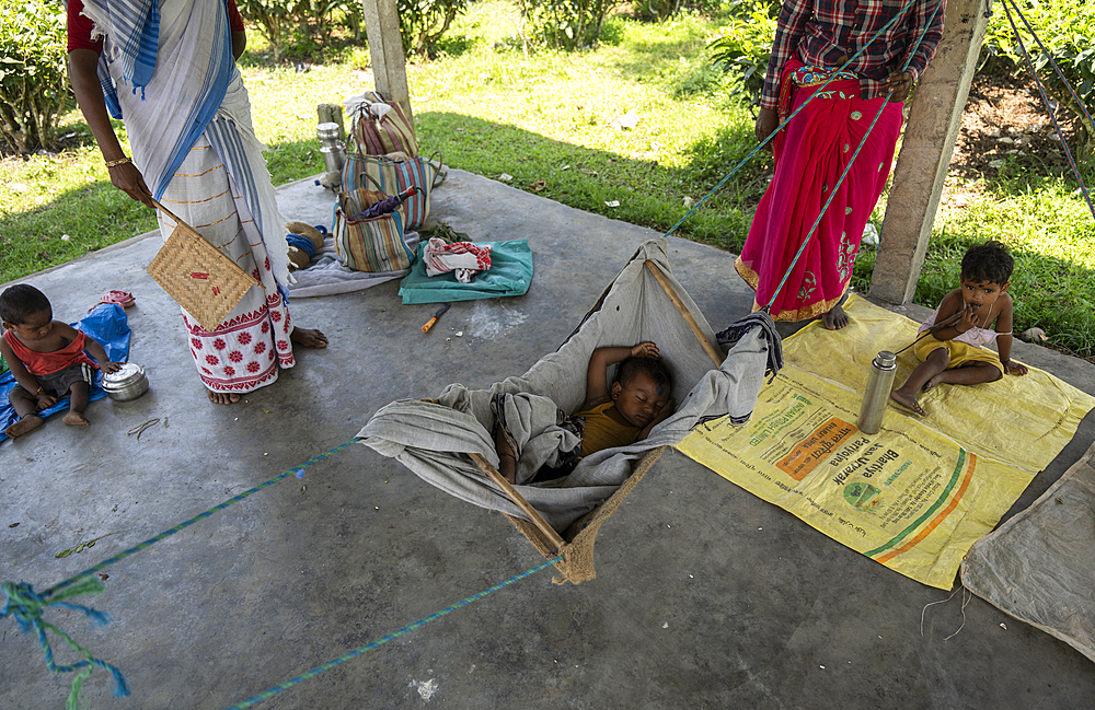 Daycare workers take care of babies and children in a shelter at a Tea Estate, as their mother busy in harvesting tea leafs, in Assam, India on June 12, 2025.