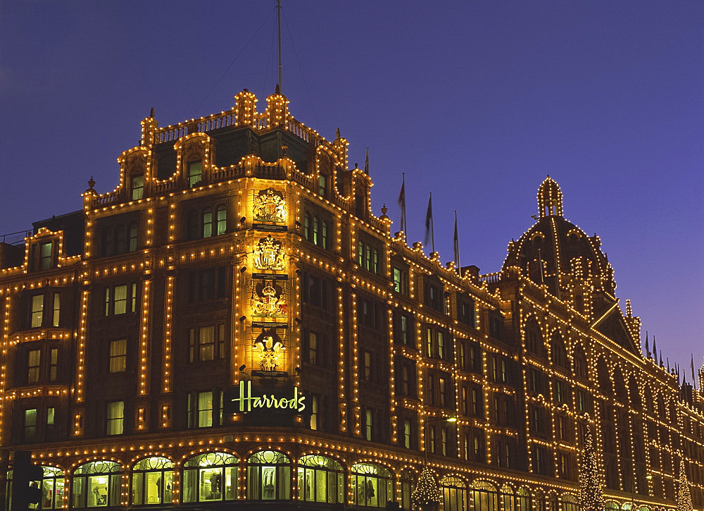 Harrods at night, Knightsbridge, London, England, UK, Europe