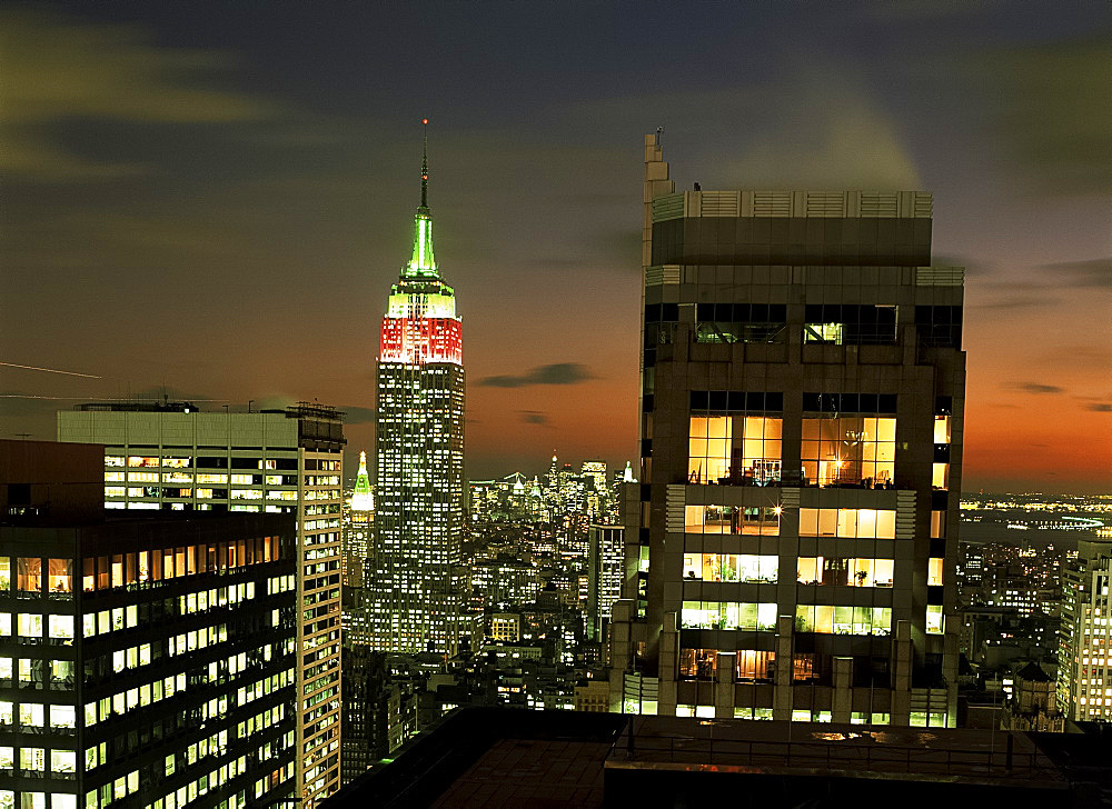 Empire State Building and skyline at night, New York City, New York State, United States of America, North America