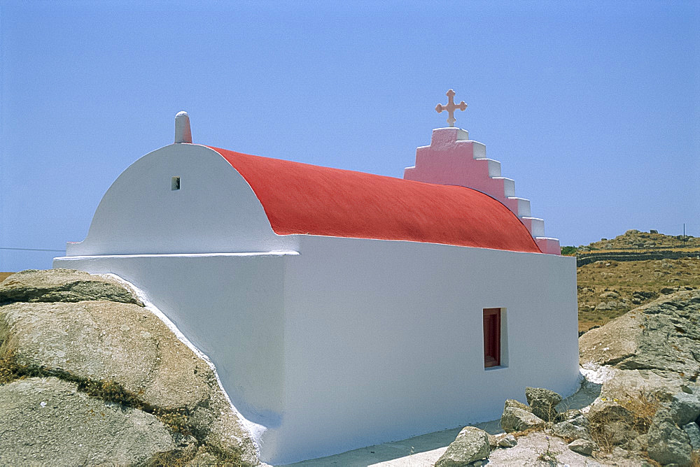 Small old church with red roof on Mykonos, Cyclades Islands, Greek Islands, Greece, Europe