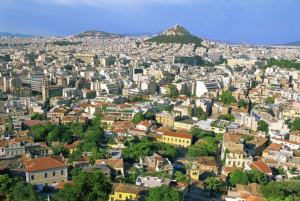 Skyline with Lykavittos Hill in the distance, taken from the Acropolis, in Athens, Greece, Europe