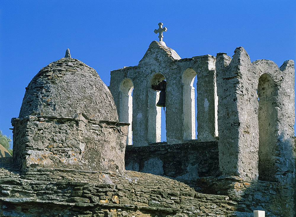 Close-up roof, dome and bell tower of the church of Our Lady of Drosiani, on Naxos, Cyclades, Greek Islands, Greece, Europe