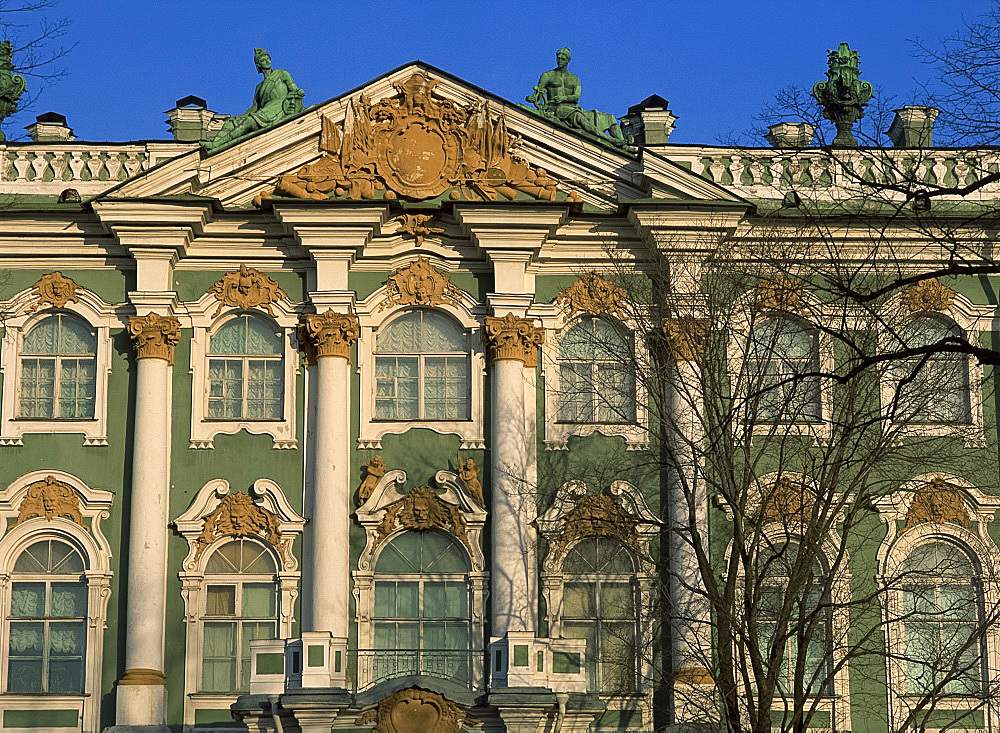 Close up of the facade of windows and columns of the Winter Palace housing the Hermitage Museum, St. Petersburg, UNESCO World Heritage Site, Russia, Europe