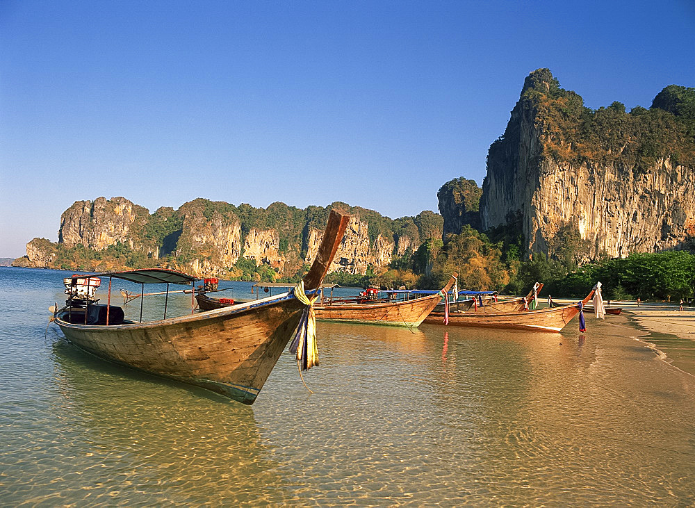 Long tail boats moored at Railay Beach, Krabi, Thailand, Southeast Asia, Asia