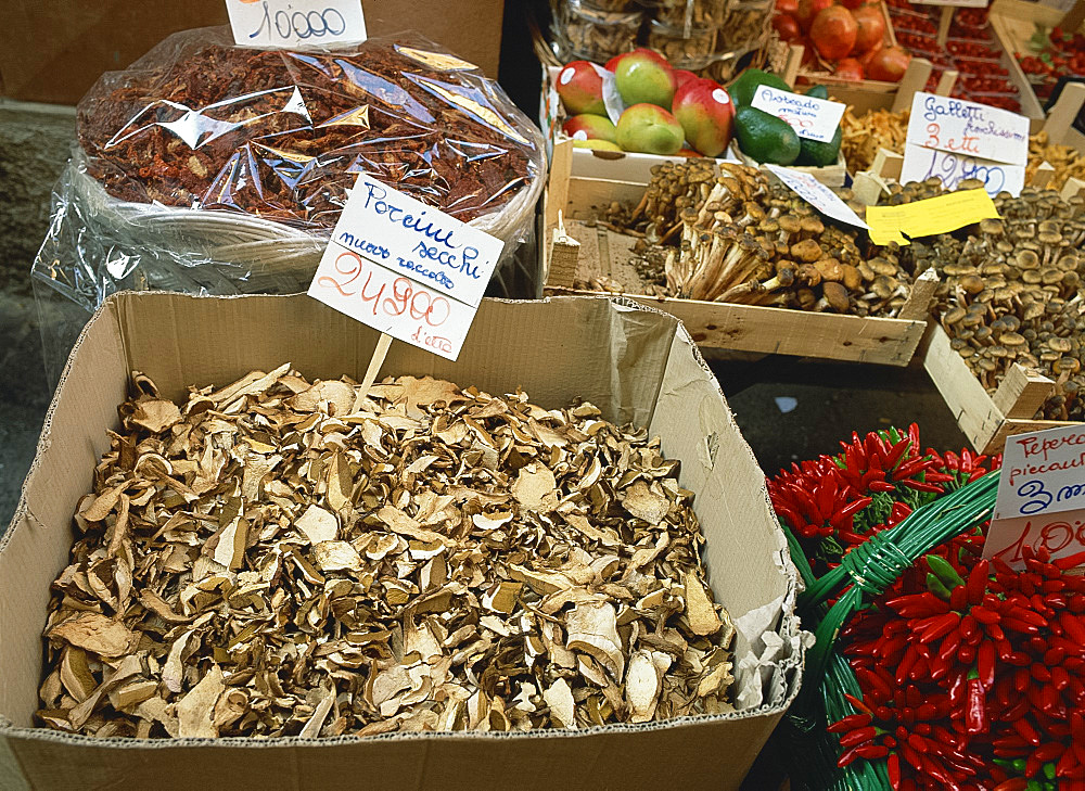 Mushrooms for sale in the market in Bologna, Emilia Romagna, Italy, Europe