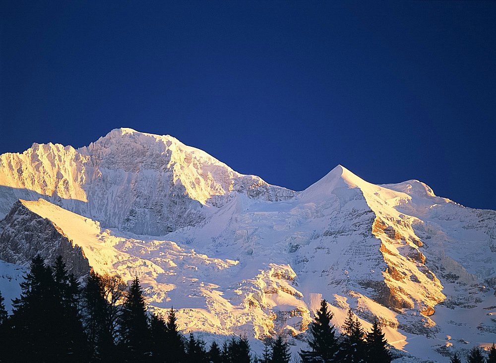 The snow covered Jungfrau in the Alps in the Bernese Oberland, Switzerland, Europe