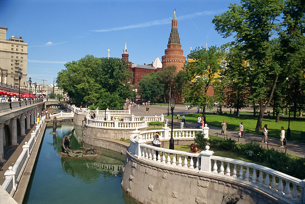 Waterway, and people in Manezh Square Park in Moscow, Russia, Europe