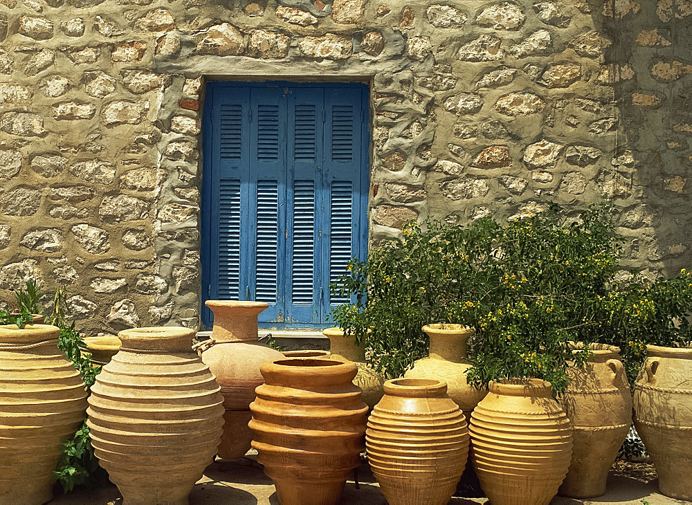 Greek urns, Hydra, Argo Saronic Islands, Greek Islands, Greece, Europe