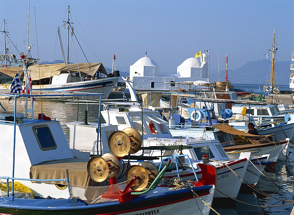 Fishing boats moored in the harbour at Aegina Town, Aegina, Argo Saronic Islands, Greek Islands, Greece, Europe