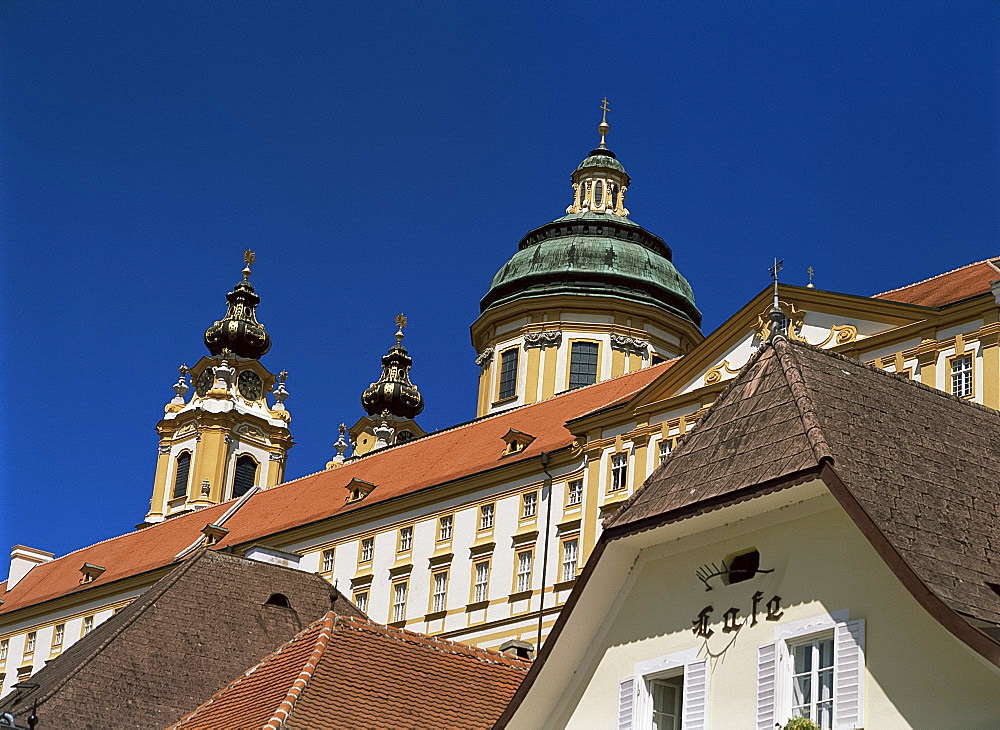 Melk Abbey and roofs, Melk, Austria, Europe