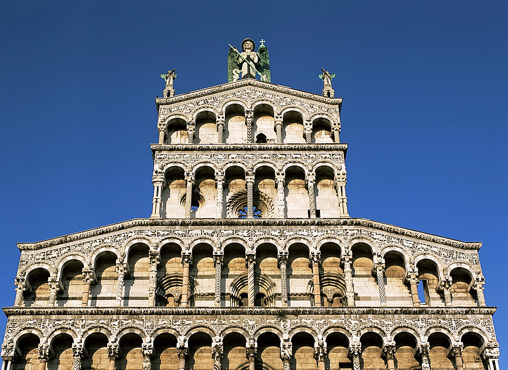 Detail of facade, San Michele in Foro, Lucca, Tuscany, Italy, Europe