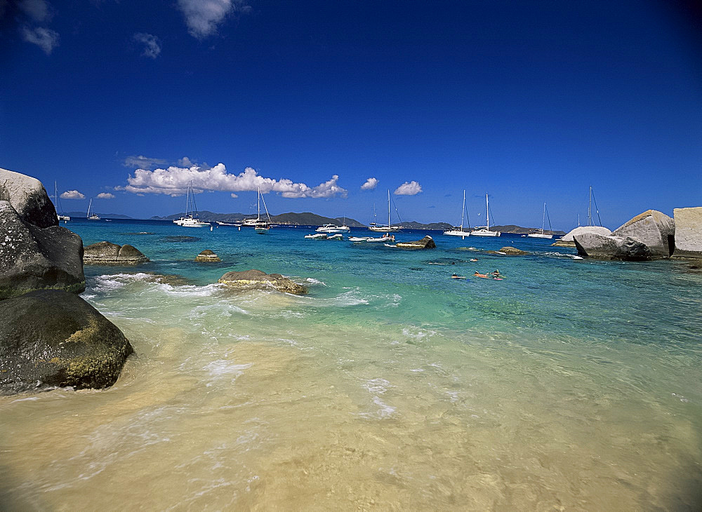 Swimmers and yachts at The Baths, Virgin Gorda, British Virgin Islands, West Indies, Caribbean, Central America