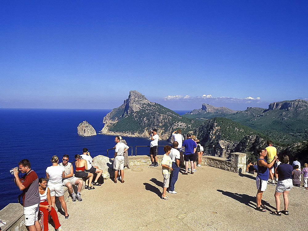 tourists at a viewing spot overlooking 
The Formentor Peninsula
MAllorca, Spain *** Local Caption ***