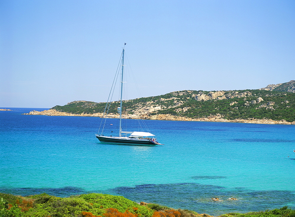 Yacht in Golfo Pero, island of Sardinia, Italy, Mediterranean, Europe