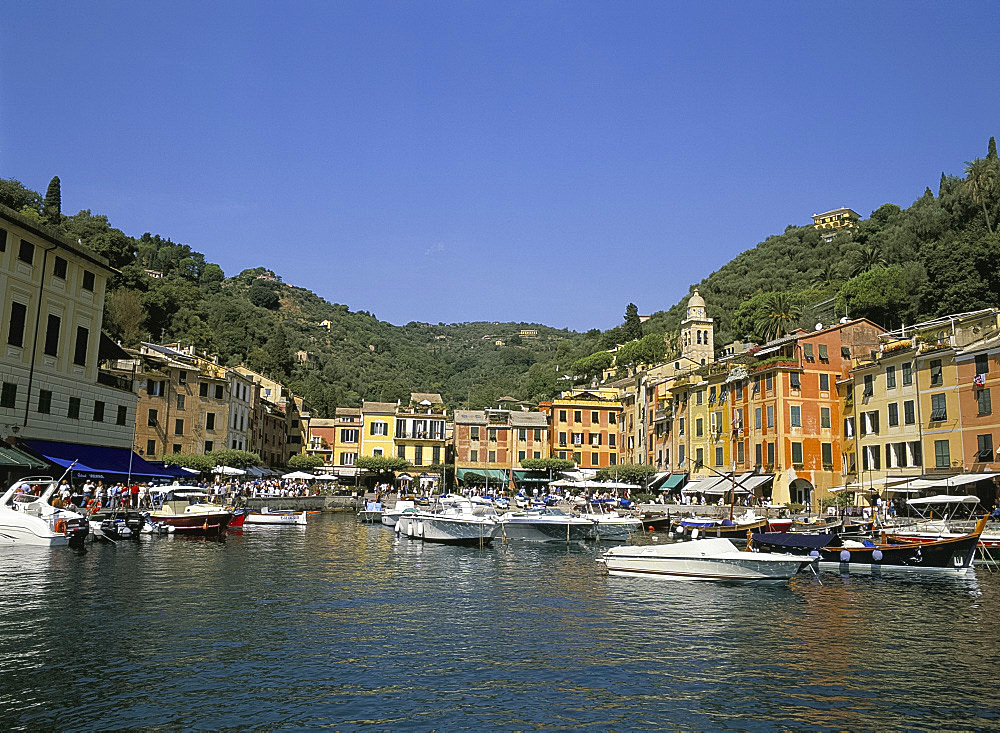 Pastel buildings and boats in the harbour, Portofino, Liguria, Italy, Europe