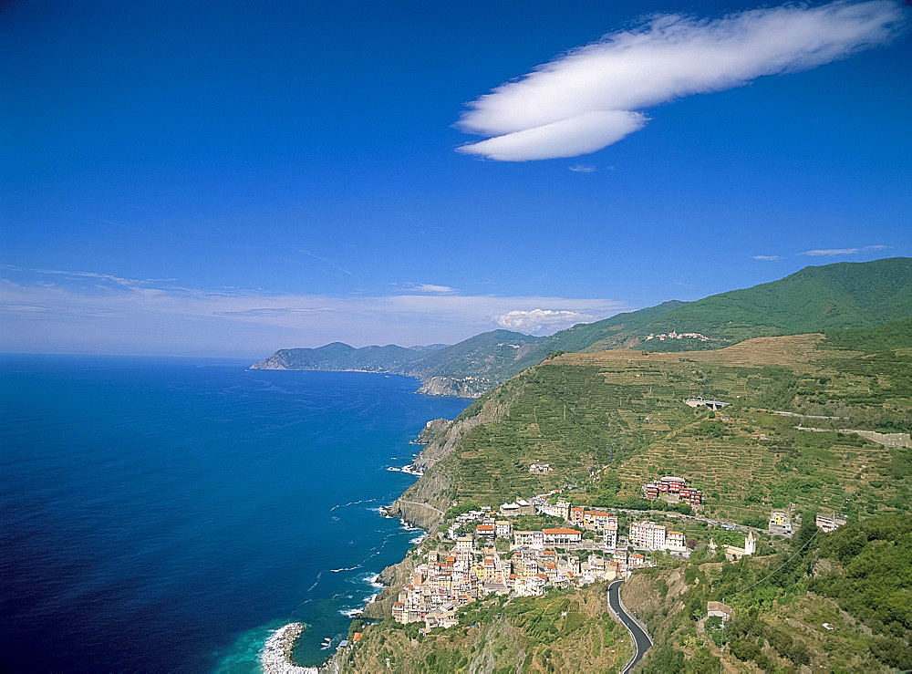 Aerial view of town of Riomaggiore, Cinque Terre, UNESCO World Heritage Site, Liguria, Italy, Europe