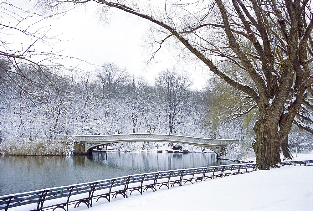 The Bow Bridge in Central Park after a snowstorm, New York City, New York, USA