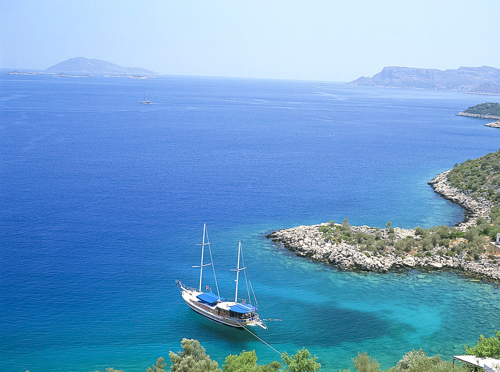 Gulet in a bay near Kas, south coast, Anatolia, Turkey, Asia Minor, Asia