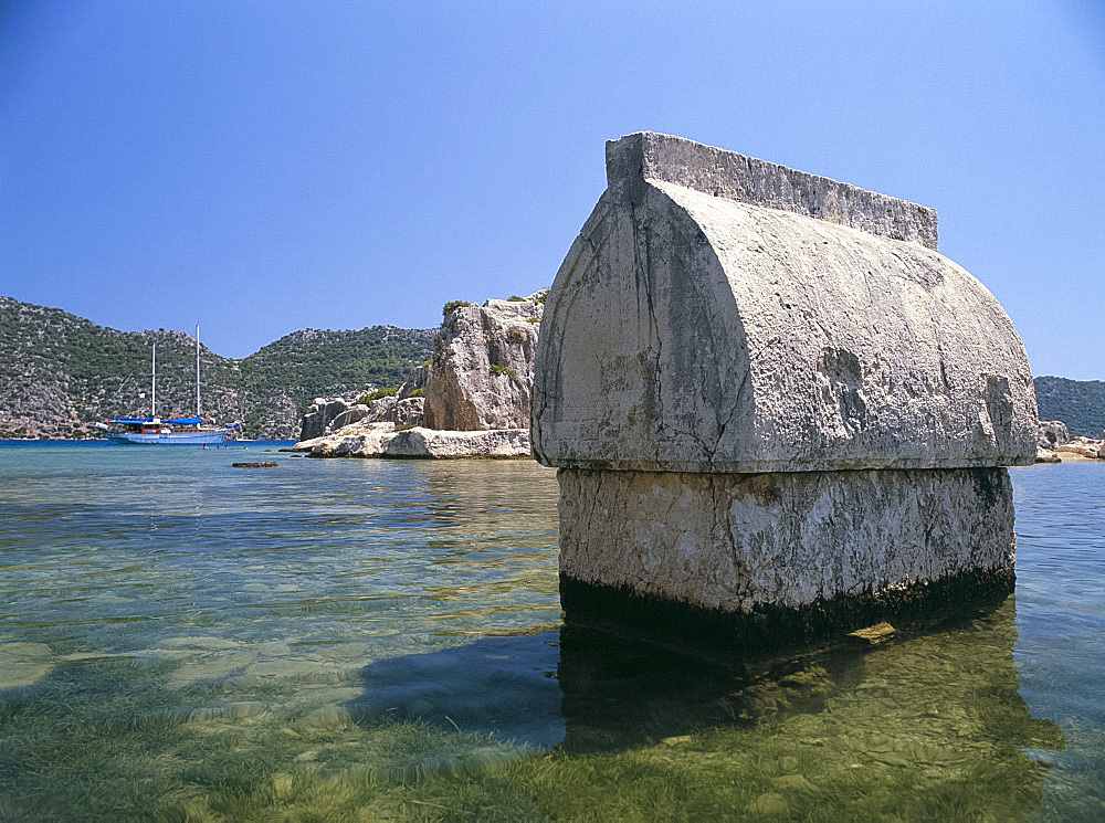 Lycian tomb in the sea, Kalekoy, Simena, Anatolia, Turkey, Asia Minor, Asia