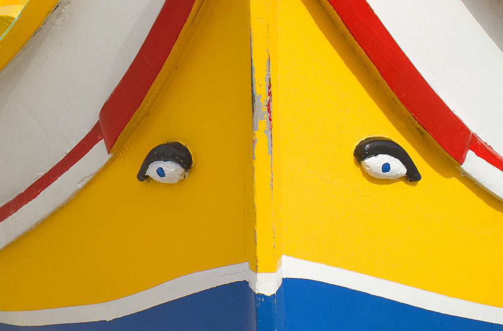 The bow of a colourful wooden fishing boat, Malta, Mediterranean, Europe