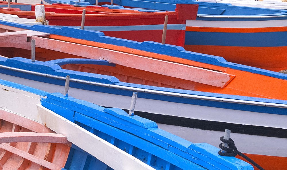 Colourful fishing boats on the Aeolian island of Lipari, Italy, Mediterranean, Europe