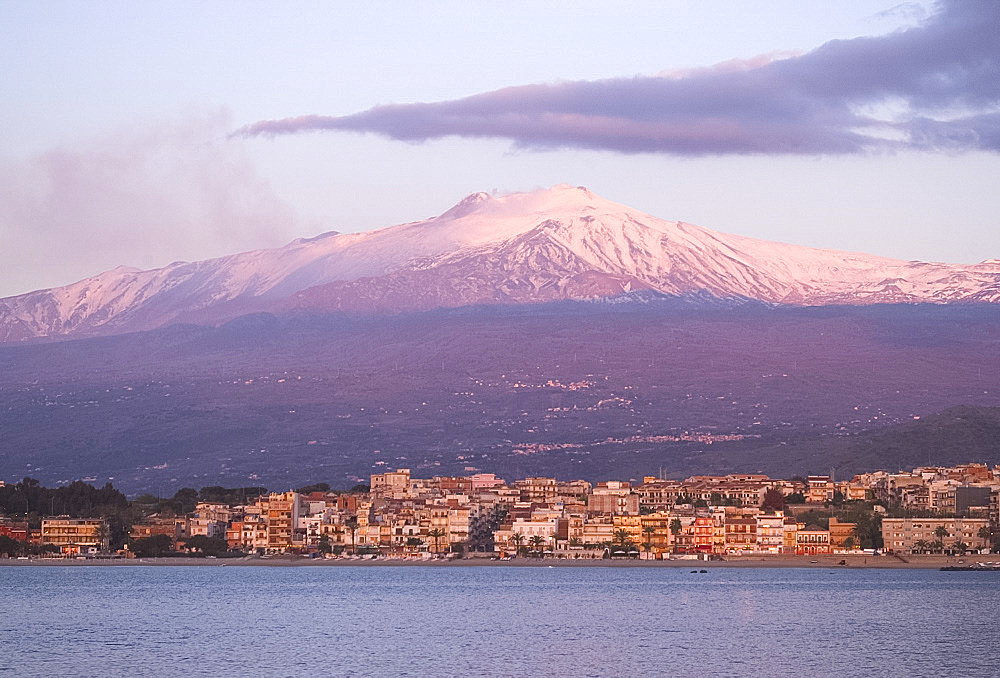 A snow covered Mount Etna at sunrise, Sicily, Italy, Mediterranean, Europe