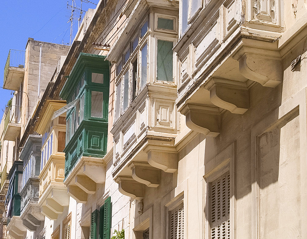 Old wooden porches on houses, Valletta, Malta, Mediterranean, Europe