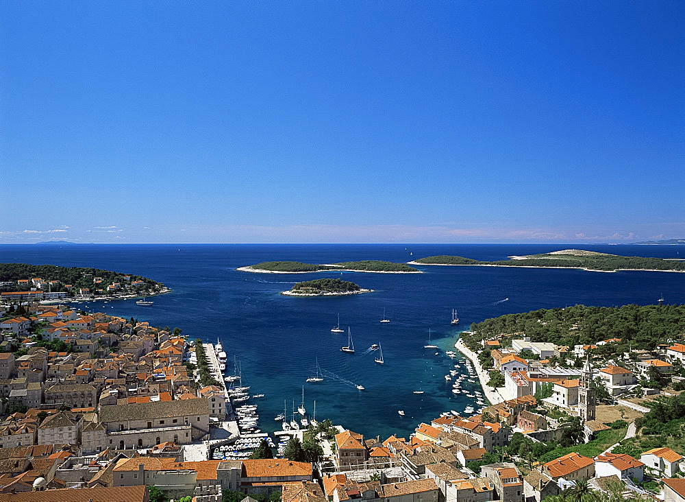 Aerial view of Hvar Town and nearby islands, Hvar, Dalmatia, Croatia, Europe