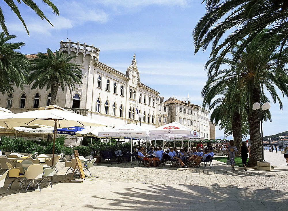 Seafront cafes in Trogir, Dalmatian Coast, Dalmatia, Croatia, Europe