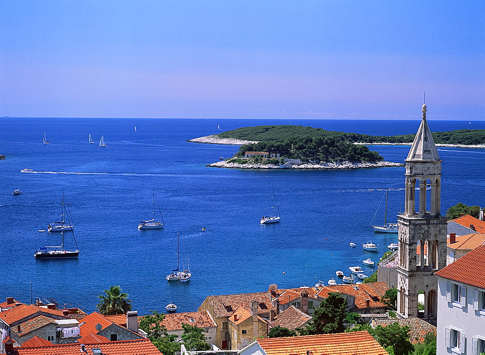 Aerial view of Hvar Town and nearby islands, Hvar Island, Dalmatia, Dalmatian Coast, Croatia, Europe