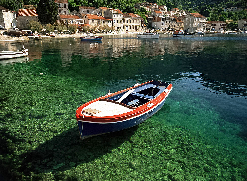 Boat in harbour, Racisce, Korcula Island, Dalmatia, Croatia, Europe