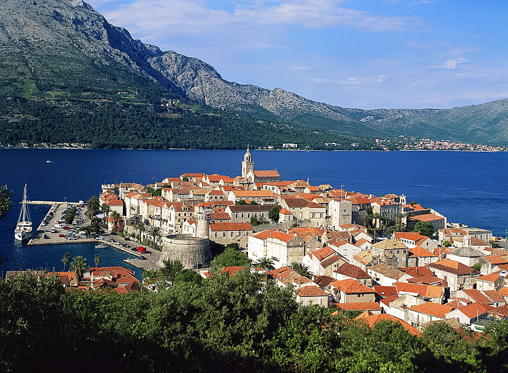 Aerial view of Korcula Old Town, Korcula, Dalmatia, Dalmatian Coast, Croatia, Europe