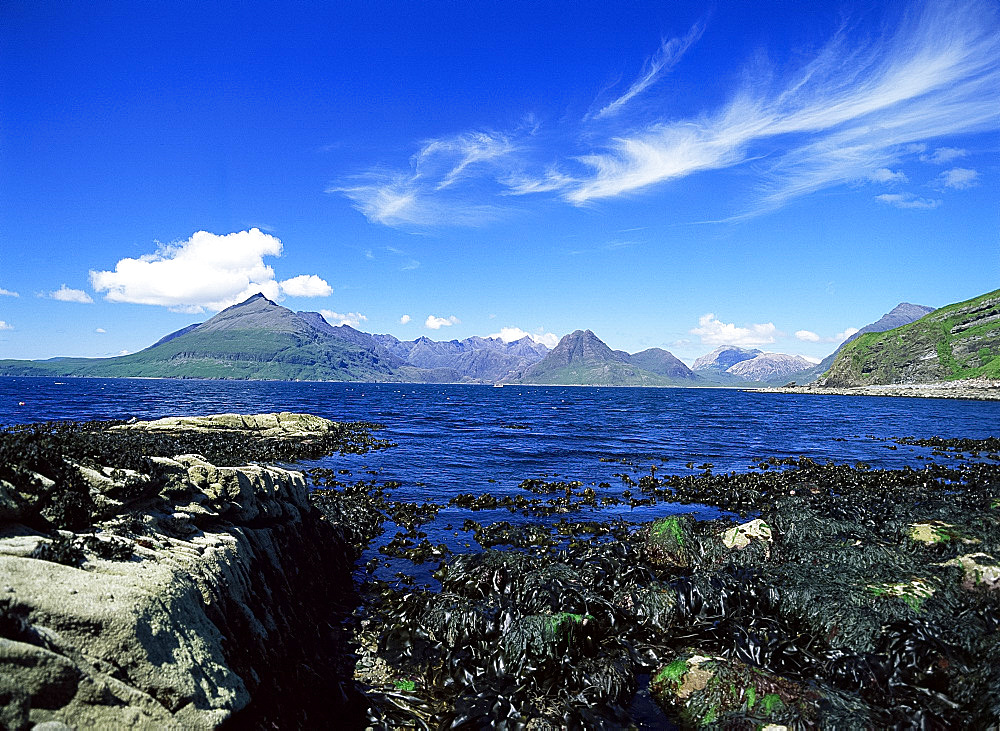 View of the Cuillin Hills from Elgol, Isle of Skye, Inner Hebrides, Highland region, Scotland, United Kingdom, Europe