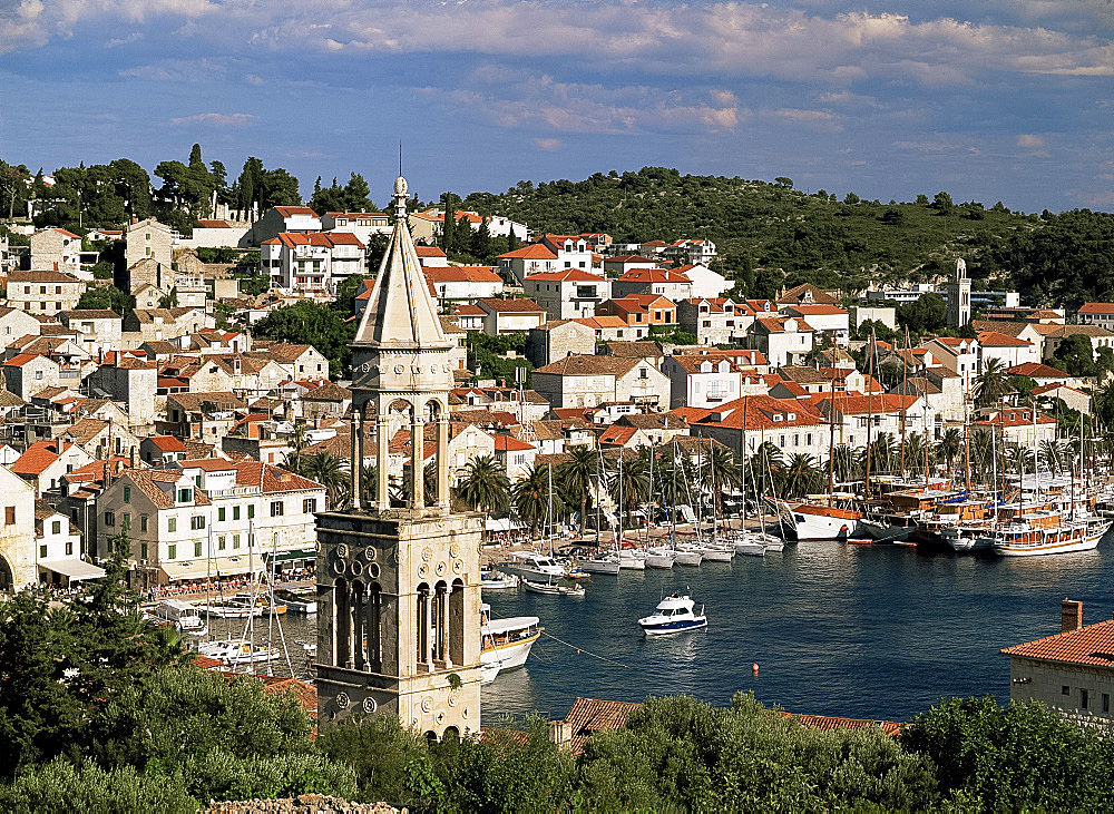 Elevated view of Hvar Town, island of Hvar, Dalmatia, Croatia, Europe