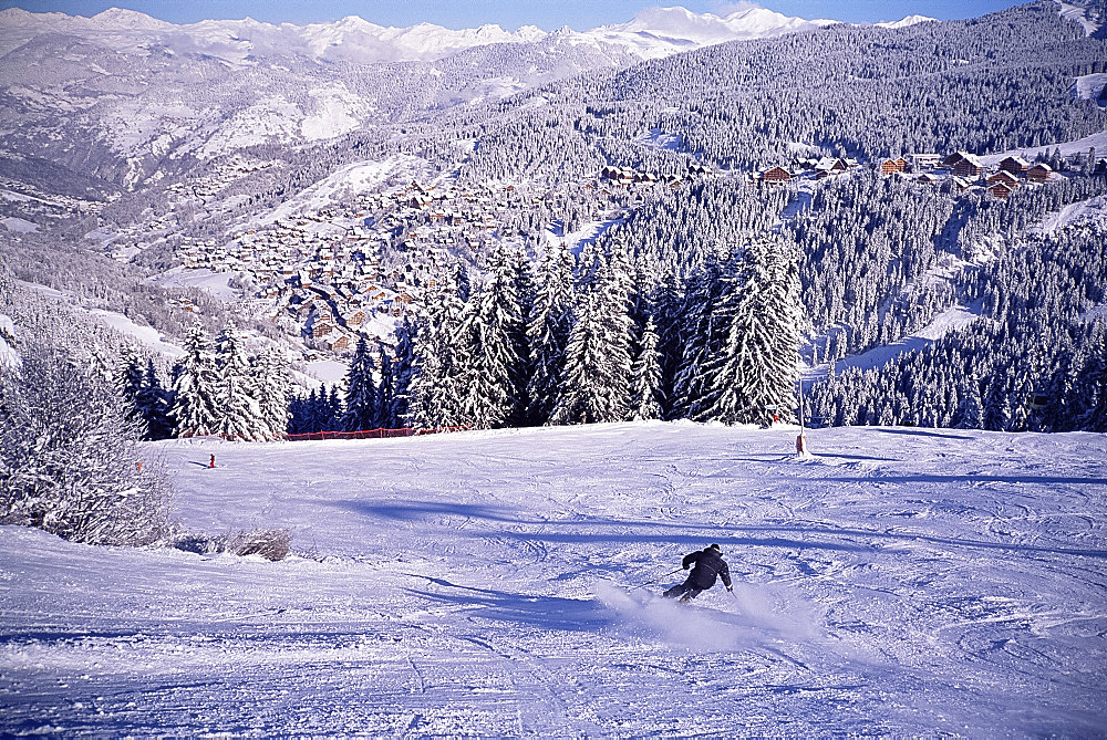 Pistes above Meribel, Trois Vallees, Haute-Savoie, French Alps, France, Europe