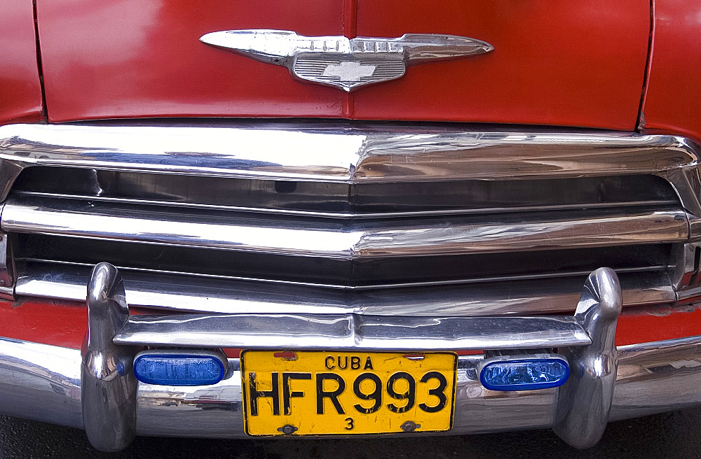 The grille of a 1950's American Chevrolet, Havana, Cuba, West Indies, Central America