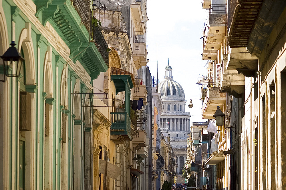 A view of the Capitolio seen through the streets of Habana Viejo (old town), Havana, Cuba, West Indies, Central America